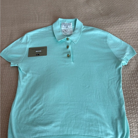 Chanel Mint Green Polo Shirt with Gold CC buttons Classic Design Sz 42 - Picture 1 of 8